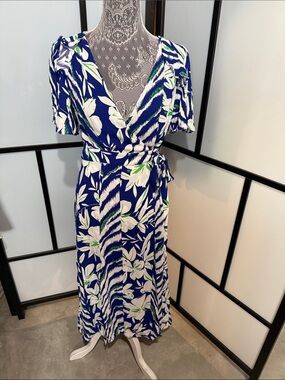 French Connection Royal Blue Floral Wrap Maxi Dress with Green Accents